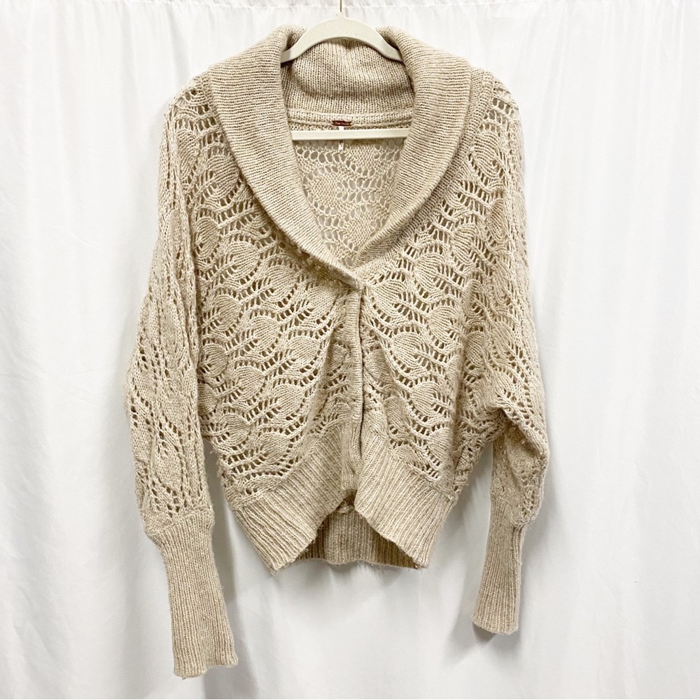 Free People Cream Wool Blend Open Knit Bat Sleeve Cardigan Sweater